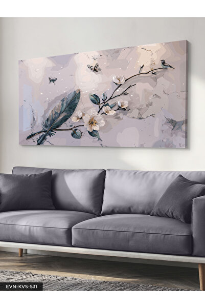Çiçekler ve Tüy Tek Parça Kanvas - Canvas Tablo