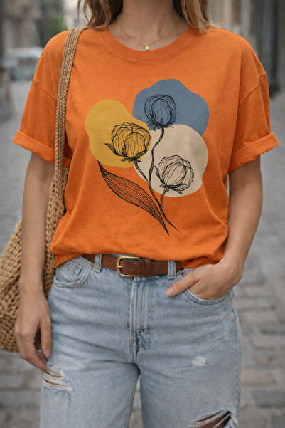 ArtYus Abstract Flowers and Colorful Shapes Printed Cotton Relaxed Fit Round ...