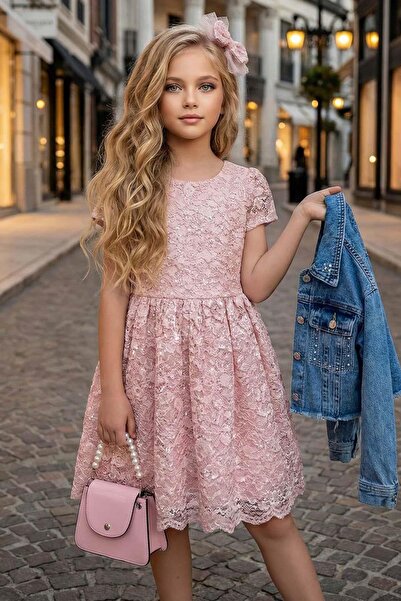 Riccotarz Girl's Jean Jacket Lace Embroidered Tulle Powder Evening Dress