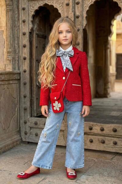 Riccotarz Girl's Chiffon Shirt with Scarf, Chanel Red Jacket and Stone Detail...