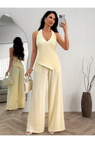 moda paketi Yellow Halter Neck Tie Blouse and Wide Leg Pants Wrinkle Set – Su...