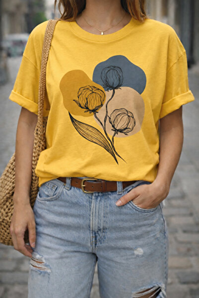 ArtYus Abstract Flowers and Colorful Shapes Printed Cotton Relaxed Fit Round ...