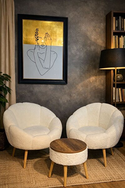 Aylive Mobilya Papatya berjer-İkili Berjer Seti Kırık Beyaz Peluş kumaş ( Bal...