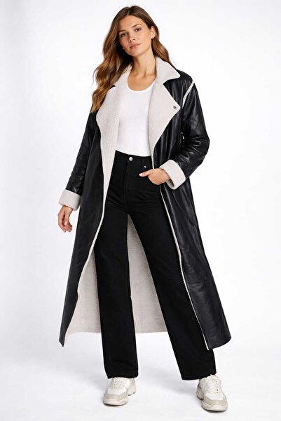 Kutaf Kadın Siyah İçi Kürklü Uzun Deri Kaban Oversize Şarling Astarlı Kışlık ...