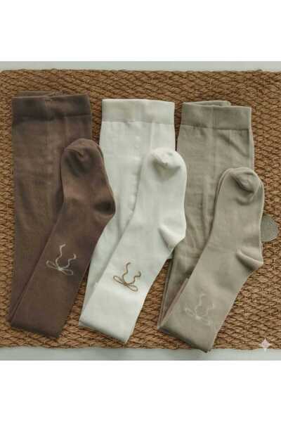 Moonrise Socks Children's Cotton Tights with Bow Pattern, 3 Pieces (Ecru-Beig...