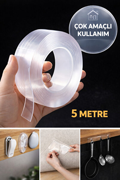 TOYFEST 5 Metre Çift Taraflı Nano Bant Süper Güçlü Şeffaf Jel Silikon Duvar Ç...