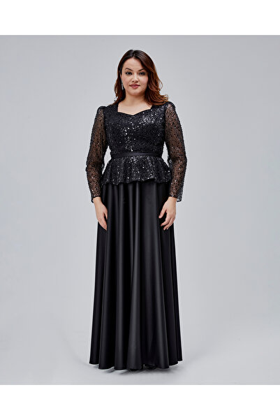 Asees Orta Beden Kalp Yaka Peplum Detaylı Uzun Abiye Elbise