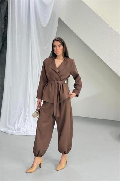 Neşeli Butik Women's Brown Belt Detailed Oversized Shalwar Pants Blazer Jacke...