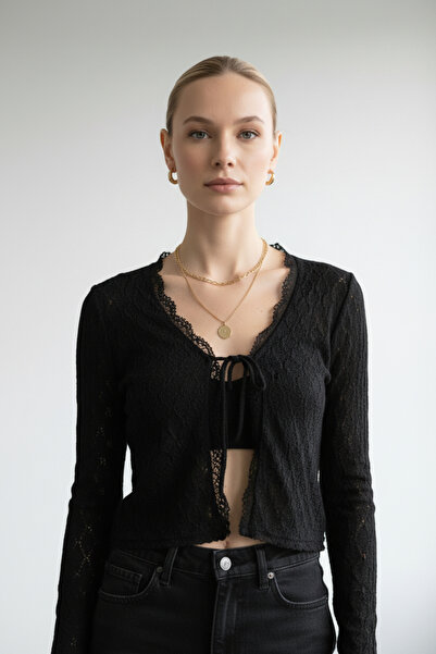 Vireo Club Women's Black Openwork Lace Detailed Knitwear Cardigan