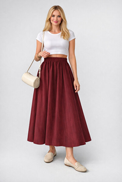 mor butik Fustă midi de damă, culoare burgundy, din țesătură dublă – croială ...