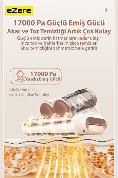 EZERE DustAway 17000Pa Güçlü Kablosuz Akar ve Toz UV Işıklı Yatak ve Koltuk Temizleyici