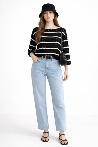 mor butik Black and White Striped Openwork Knitwear Blouse – Oversize Loose F...