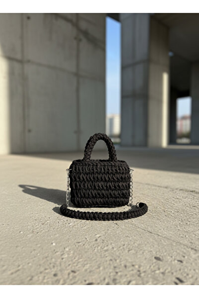 Handmade El Örgüsü Siyah Mini Omuz ve El Çantası | Zincir Askılı Şık Tasarım