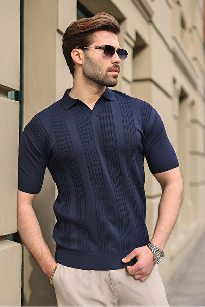 Madmext Lacivert Polo Yaka Triko Erkek Tişört E7469