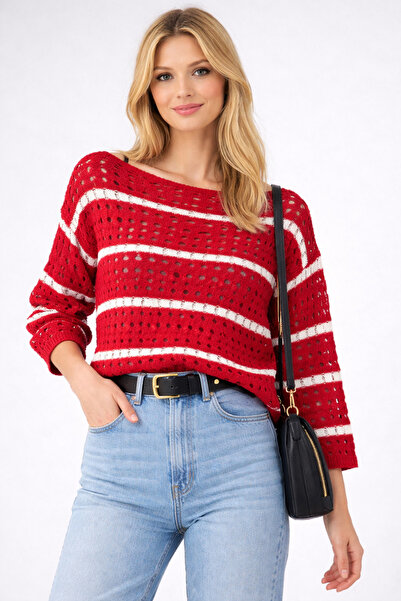mor butik Women's Red and White Striped Openwork Knitwear Blouse – Oversize L...