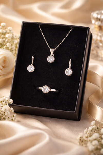 zirkon 925 Ayar Gümüş Tektaş Görünümlü Taşlı Kolye Küpe Yüzük Seti – Minimal ...