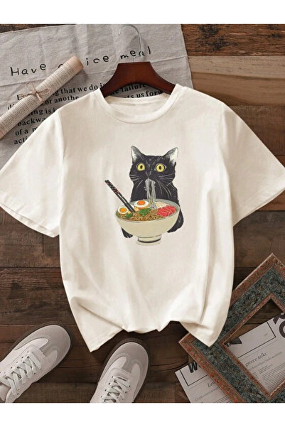 sevdaonline Sevimli kedi baskılı, şık kısa kollu tişört.