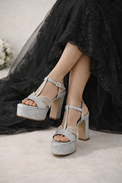 Parıltı Luressa Women's Silver 13 cm Platform Heels Stone Detailed T-Strap Ev...