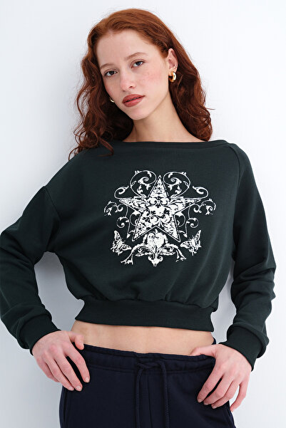 Addax Kayık Collar Printed Sweatshirt P10672
