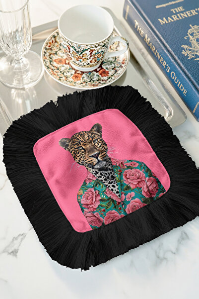 Evimde Bambaşka Lüks Çiçekli Leopar Püsküllü Sunum Peçetesi-Leopar Portre Tas...