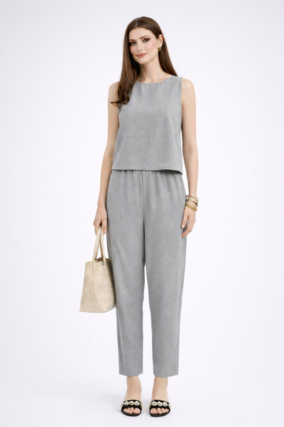 mor butik Women's Gray Blouse and Pants Two-Piece Set Summer444