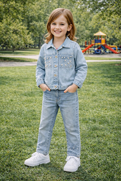 RİNDO KİDS Girl's Denim Set with Pearls and Stones