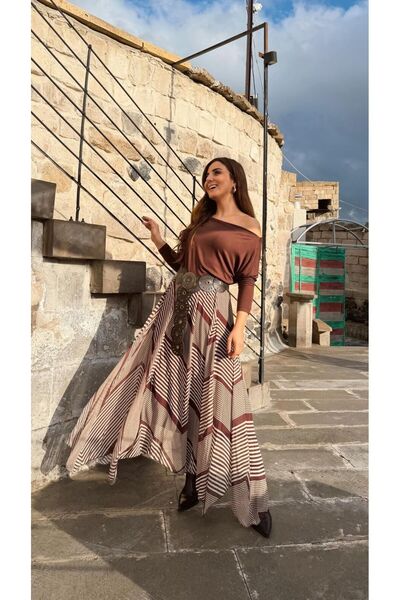 Fistan Byn Melisa Şerit Desen Şifon Etek Kahve