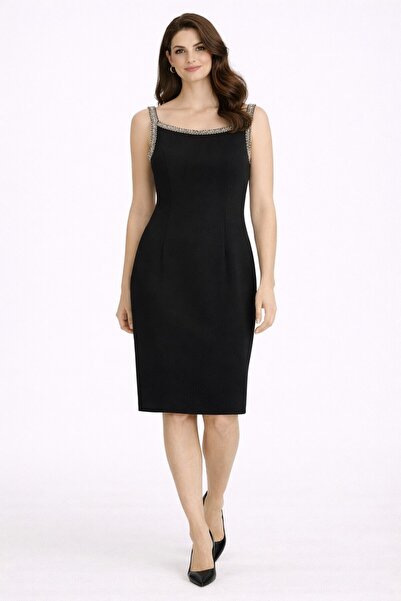 Ekol Yakası ve Omzu Boncuk İşlemeli Elbise 6034