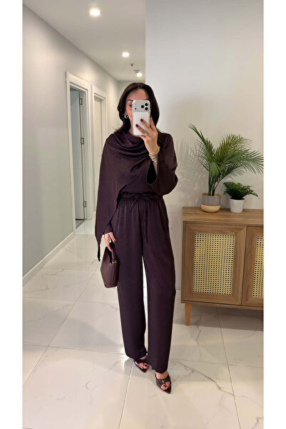 BİRCANÇİL Miossa Plum Satin Shawl Blouse and Pants Set