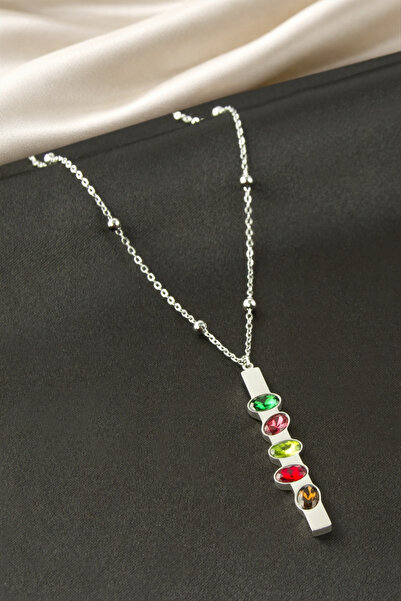 Bijuteri Net Oval Zircon Stone Steel Necklace