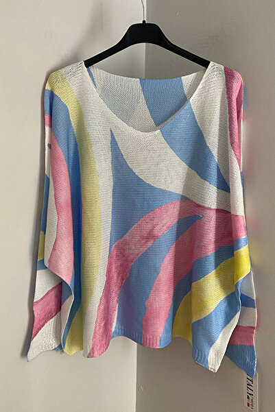 AYASOFYA OTANTIK Women's Italian White V-Neck Vintage Abstract Patterned Loos...