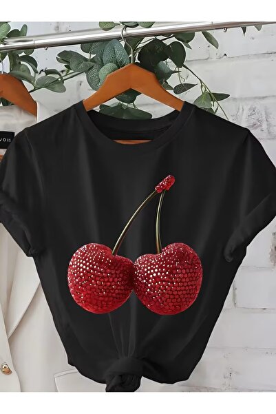 yombaa Women's Plus Size Cherry Pattern T-Shirt