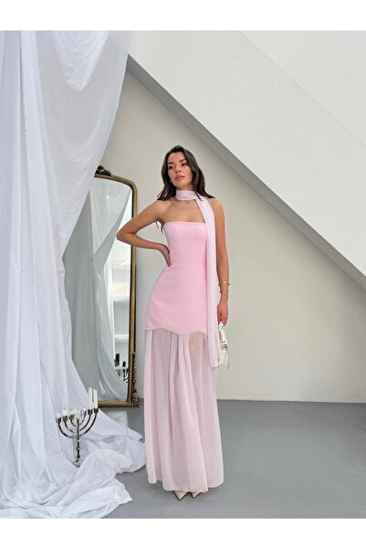 EtikaOnline Straplez Şal Detay Tasarım Mercan Elbise