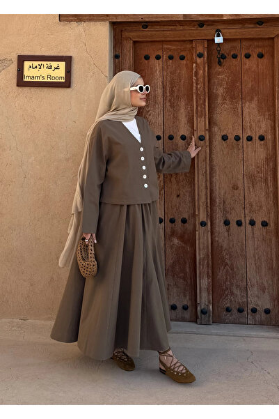 MODA AKSA 8998 DÜĞME TAŞLI KETEN TAKIM haki