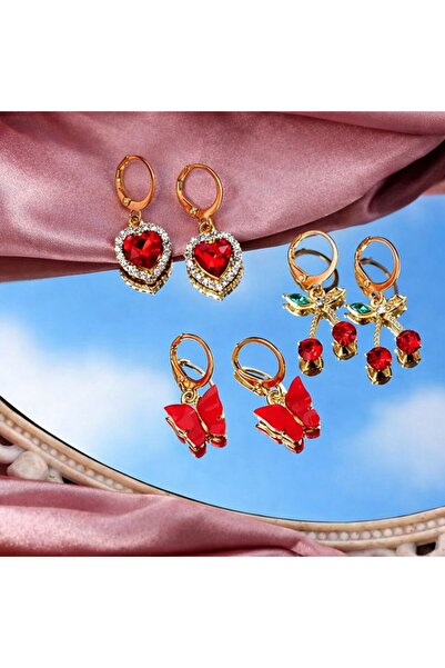 Shiklik Red Stone Hoop Earrings with Heart, Butterfly and Cherry Figures, Set...
