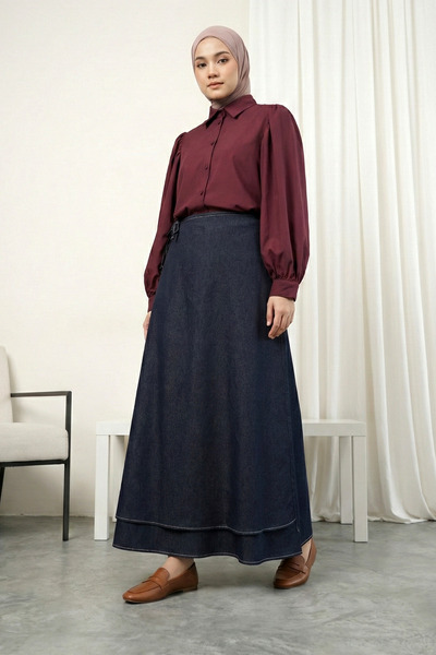 MODAQU Side Tie Zipper Double Layer Denim Skirt Dark Navy Blue