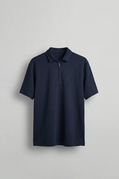 ablukaonline Men's Slim Fit Half Zipper Basic Polo Collar T-Shirt Navy Blue