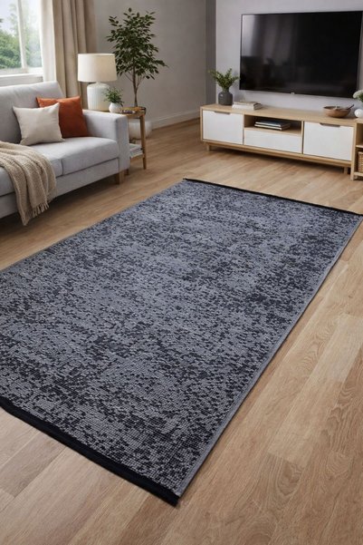 MYPOLOHOME %100 Pamuk Dekoratif Kilim 150x220 Açık Gri Kaymaz Taban Makinede ...