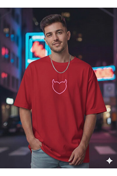 WOODROFFE Men's Devil Horned Heart Printed Oversize T-Shirt Loose Fit