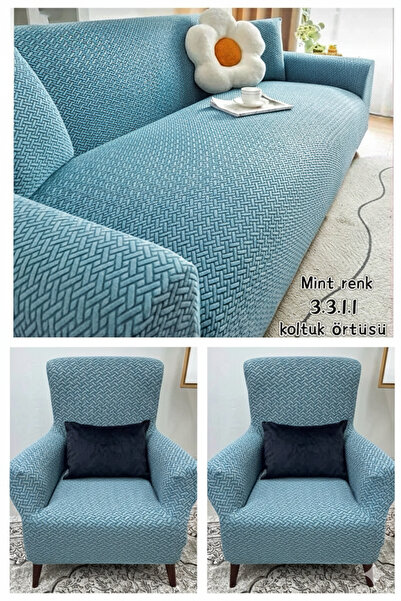 Hazineci Bey Brick Pattern 3 3 1 1 Sofa Cover, Elastic, Non-Slip, Sofa Bed, S...