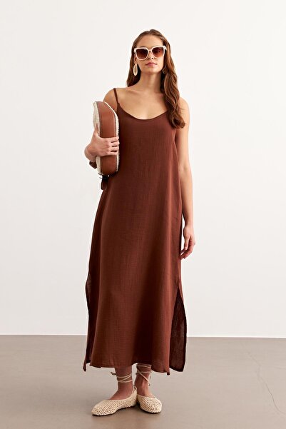 TENA Women's Brown Rope Strap Muslin Long Dress with Side Slits