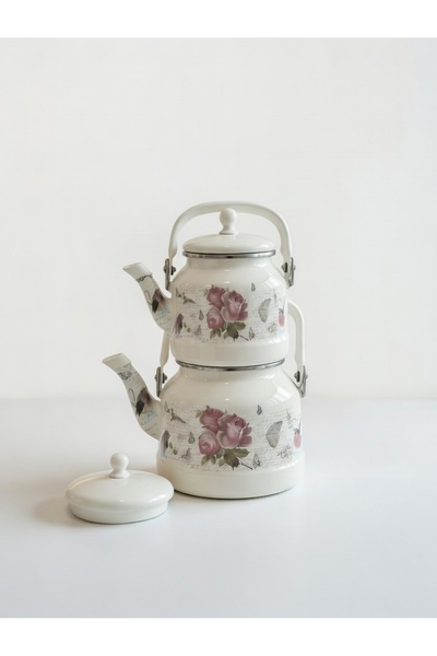 ALEV EMAYE Vintage Gül Desenli Emaye Çaydanlık - Çift Katmanlı Beyaz Retro Ça...