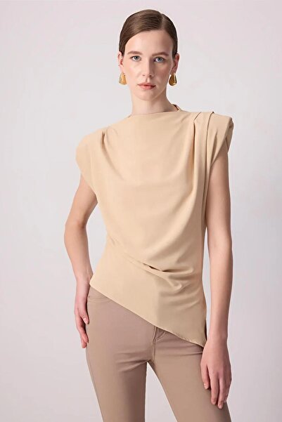 TENA Women's Mink 7034 Asymmetrical Blouse with Draped Shoulders and Padding