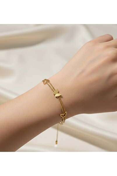 stainless steell سوار من الفولاذ بتصميم فراشة مع سلسلة ذهبية اللون