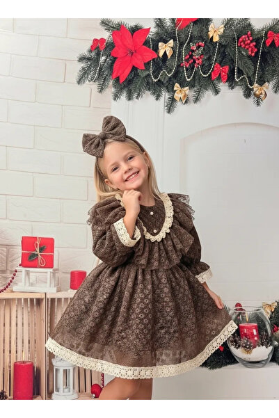 Nissa Kahverengi Vintage Dantel Detaylı Kız Çocuk Elbisesi