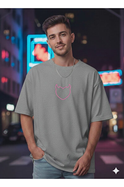 WOODROFFE Men's Devil Horned Heart Printed Oversize T-Shirt Loose Fit