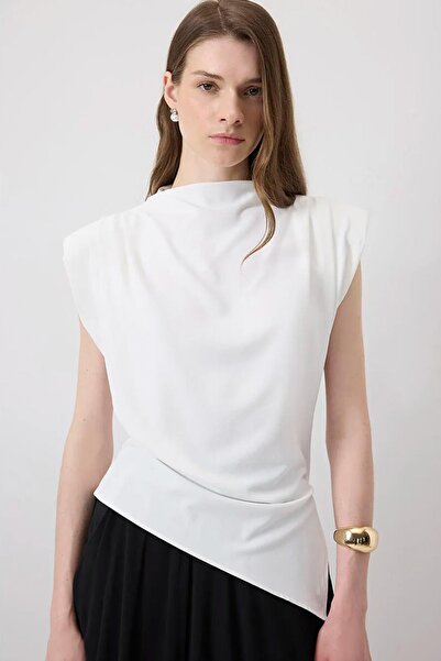 TENA Women's Cream 7034 Asymmetrical Blouse with Draped Shoulders and Padded ...