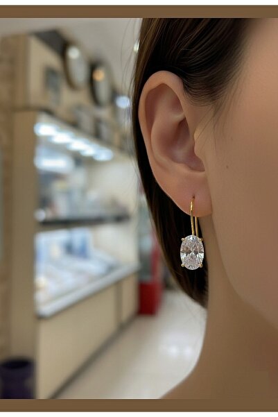 Erer Gümüş Gümüş oval 12x8 mm 4,5 carat sallantılı altın kaplama tektaş küpe