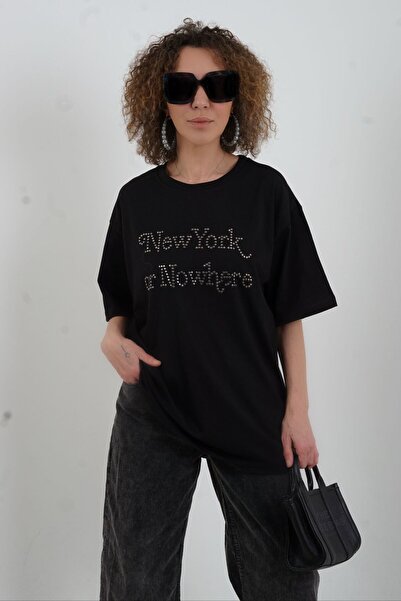 Zelish My Sister Μαύρο μπλουζάκι New York Metal Stoned Oversize