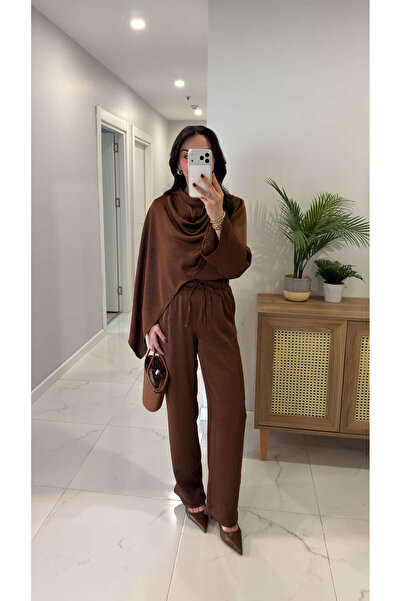 BİRCANÇİL Miossa Brown Satin Shawl Blouse and Pants Set
